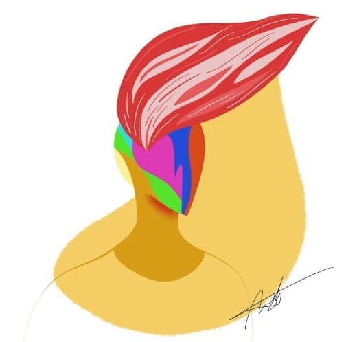 Digital illustration of a figure in profile with flowing red hair and a block-colour face