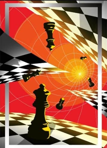 Poster artwork of chess pieces on a warped checkerboard radiating from a bright vanishing point