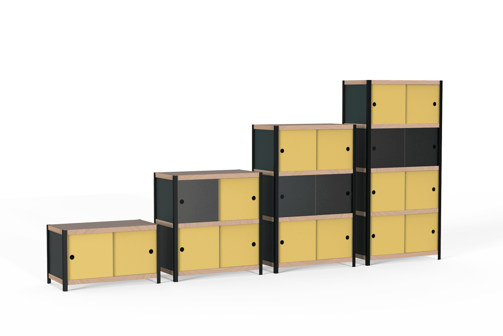 Modular drawer system rendered at four sizes, from a single low unit to a full-height stack