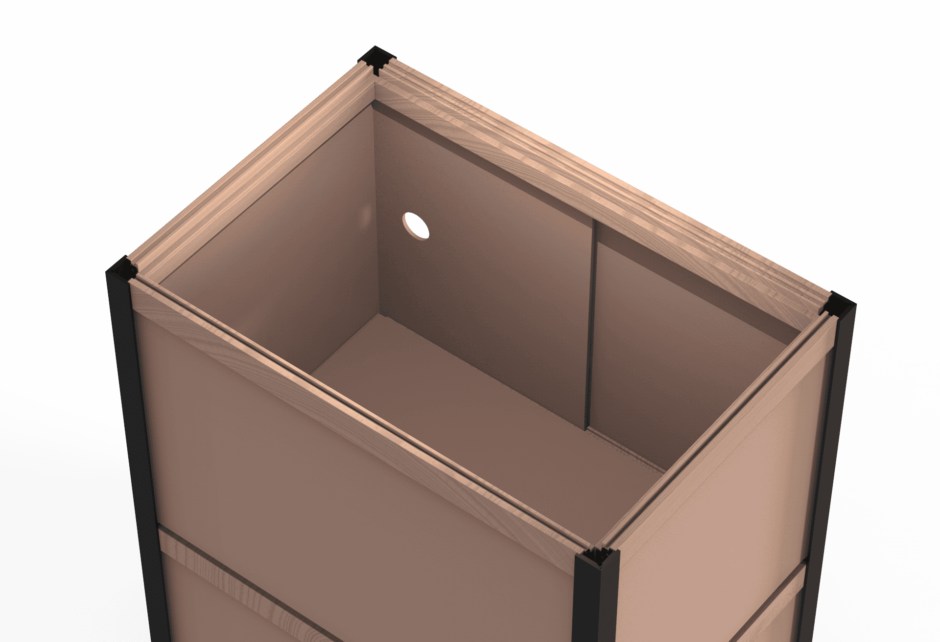 Close-up isometric render of the modular drawer corner joint and panel detail