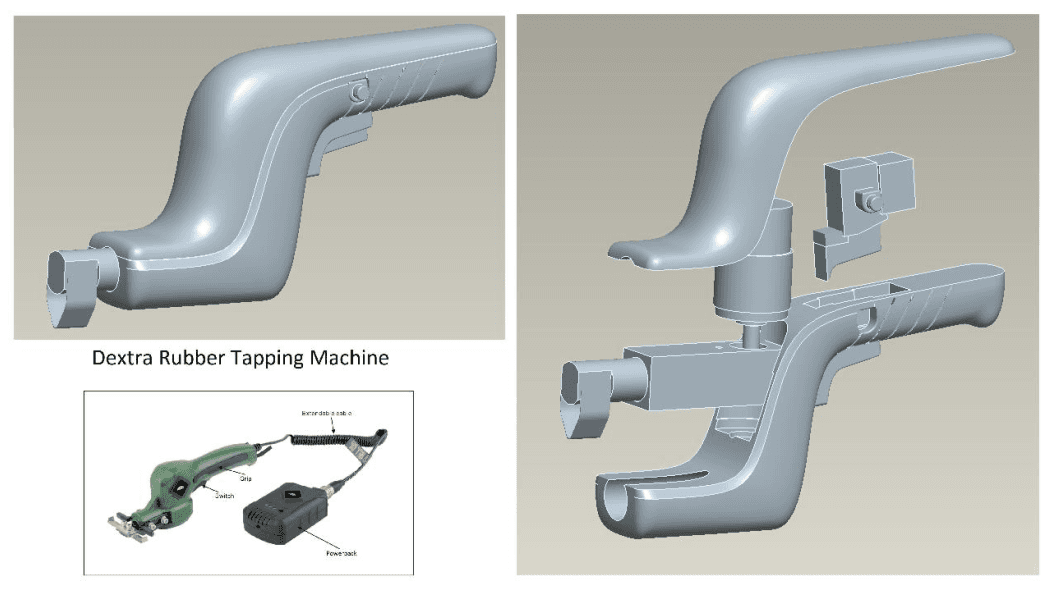 CAD views of a handheld powered rubber tapping machine, shown assembled and exploded alongside the reference machine